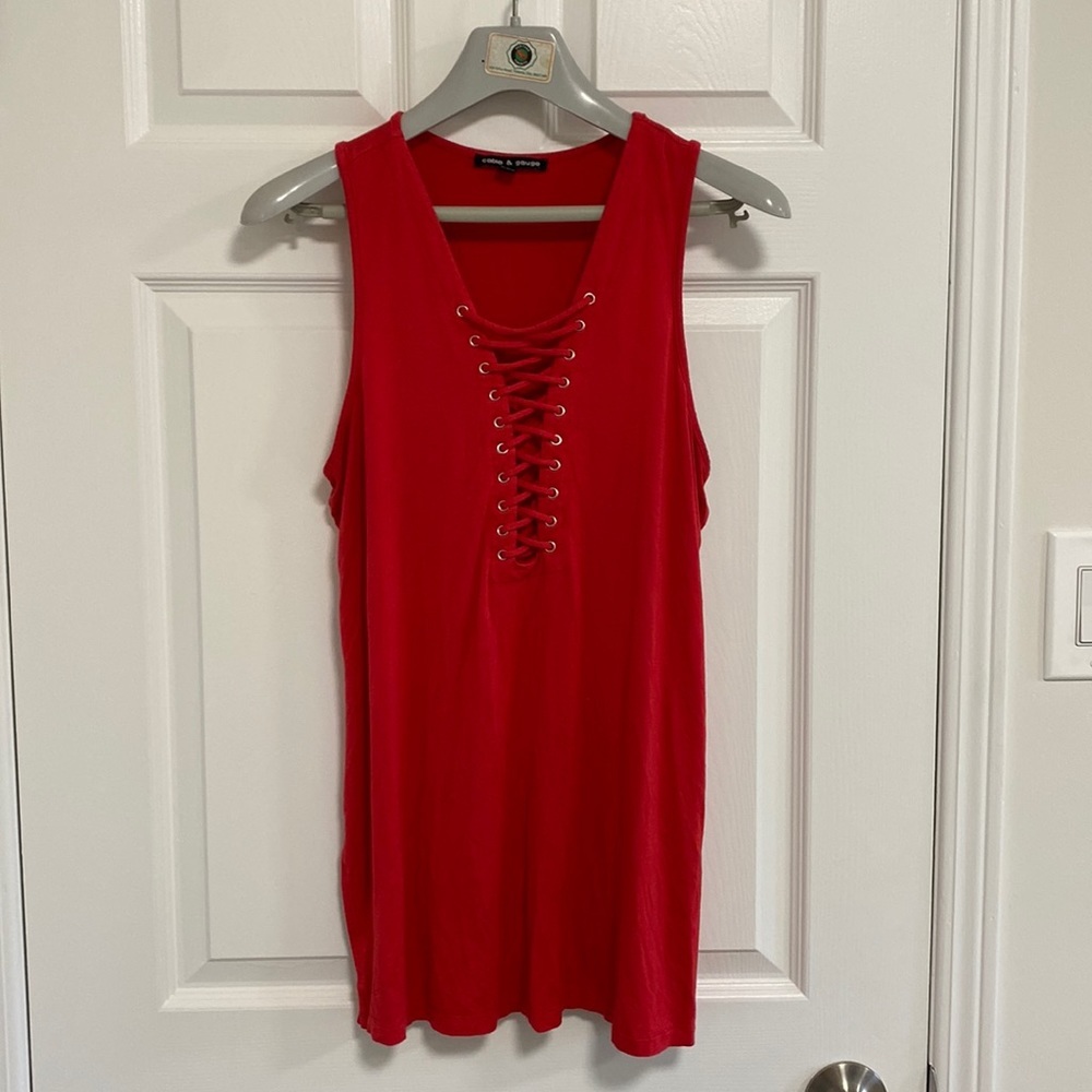Cable & Gague Red Lace Up Tank Top